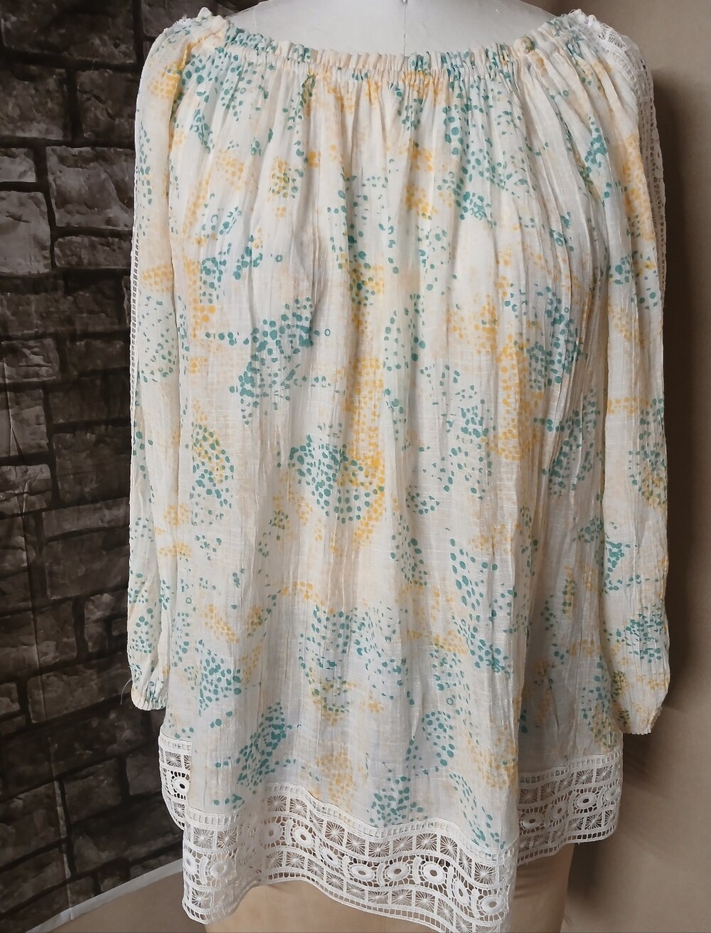 Lightweight White Eyelet Lace Boho Blouse with Yellow & Teal Print